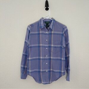 Lauren Ralph Lauren Button Down Shirt Womens Petite P Purple Plaid 100% Linen